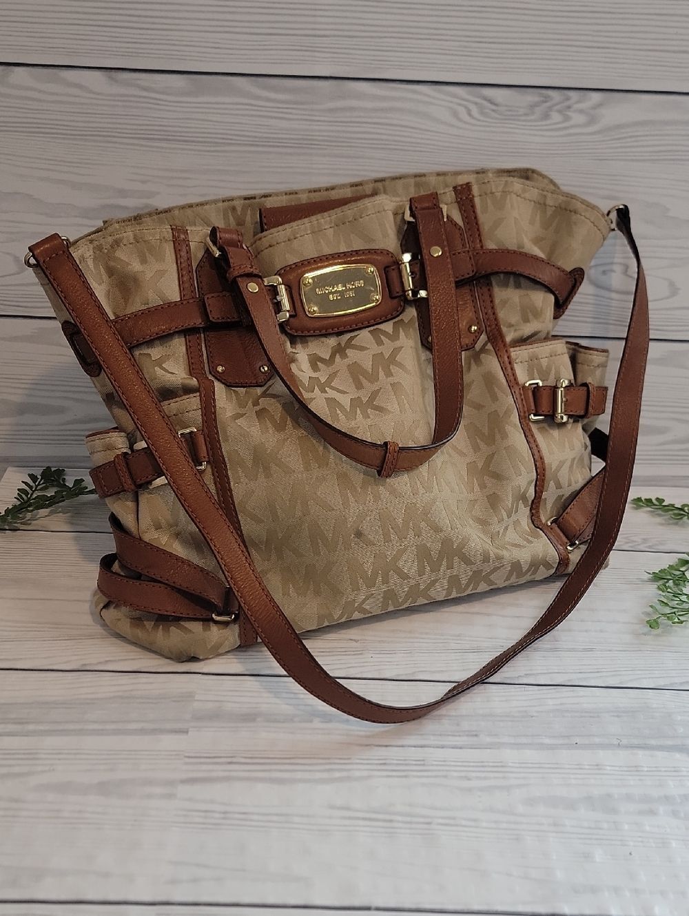 Michael Kors Beige & Brown MK Logo Large Shoulder Tote